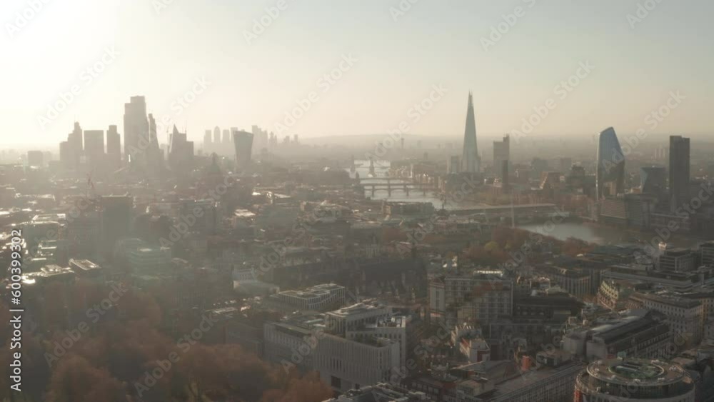 Aerial shot towards London skyscrapers from city centre Aerial shot towards London skyscrapers from city centre