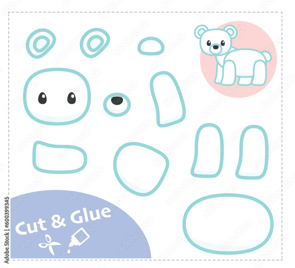 Cut and Glue Worksheet. Education paper game. The Polar Bear