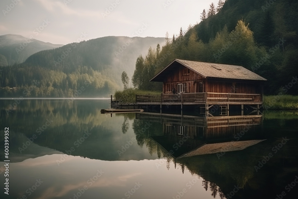 Peaceful and calming lakeside retreat featuring a wooden house surrounded by the still waters of a lake. Ai generated