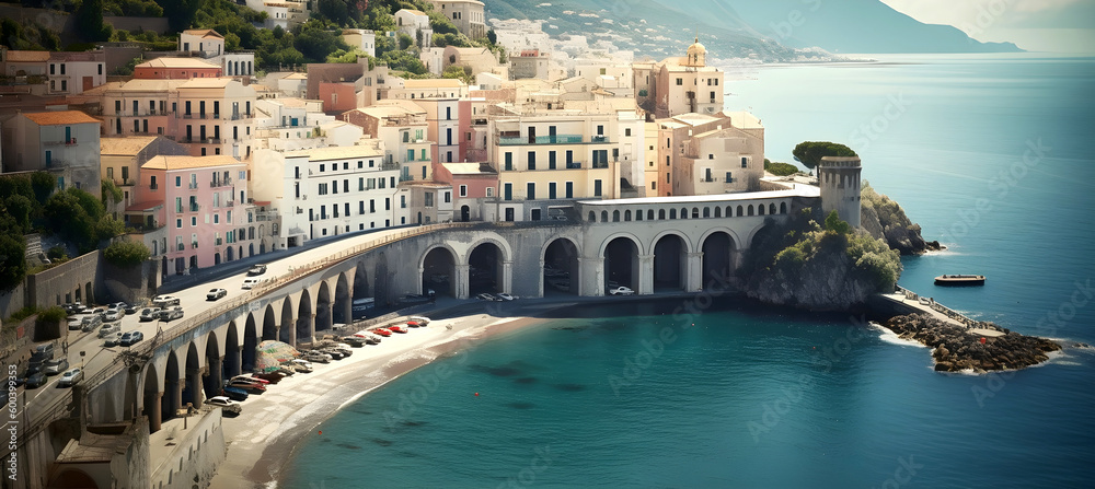 A landscape featuring the town of Atrani along the famous Amalfi Coast in Italy