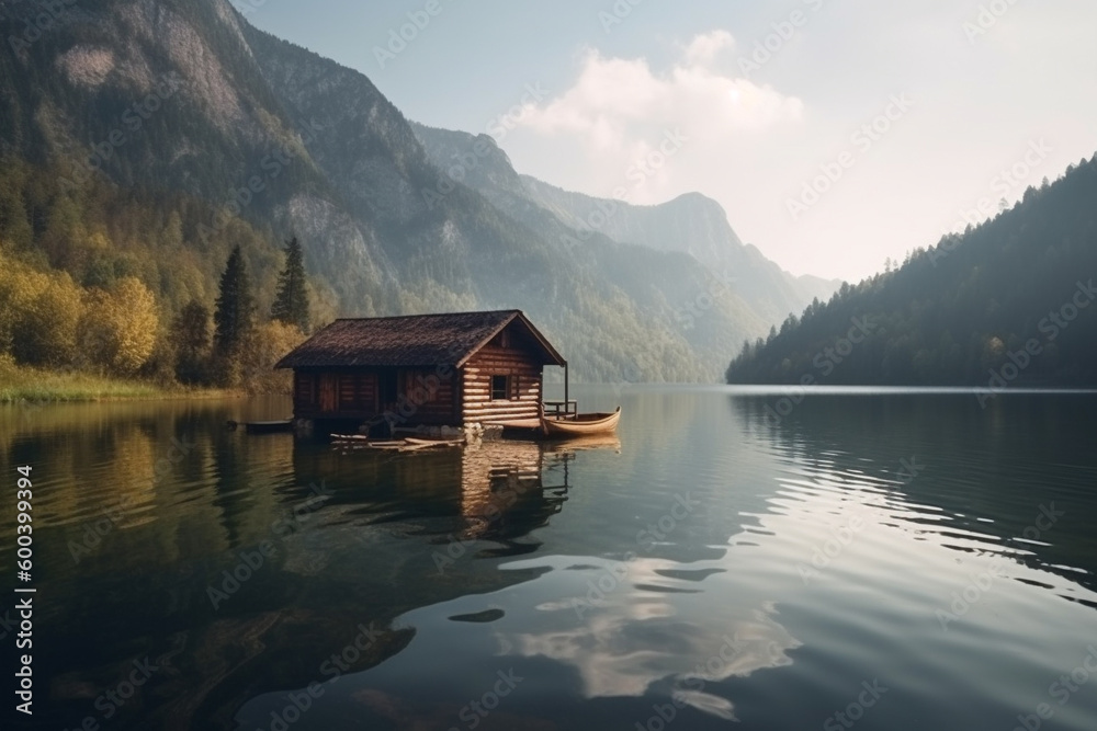Peaceful and calming lakeside retreat featuring a wooden house surrounded by the still waters of a lake. Ai generated Peaceful and calming lakeside retreat featuring a wooden house surrounded by the still waters of a lake. Ai generated