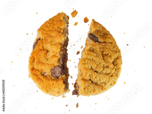 A chocolate chip cookie snapped in half floating with crumbs around studio shot isolated on white background