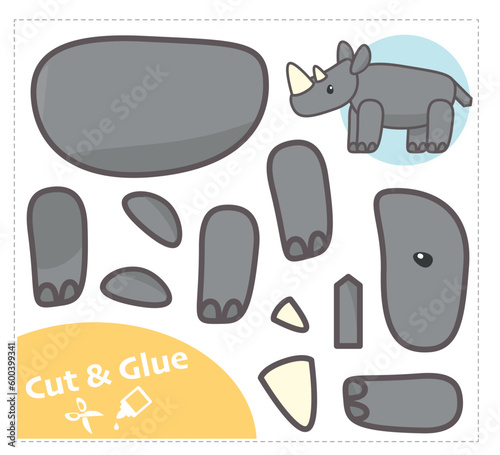 Cut and Glue Worksheet. Education paper game.  Rhinoceros