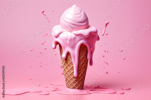Melting Sweetness: An Illustration of a Pink Ice Cream Cone on a Pink Background. Ai generated