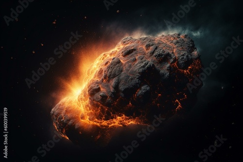 Hyper-realistic illustration of a flaming asteroid in space against a dark background. Generative AI