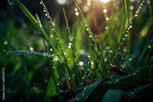 Morning Dew: A Close-up Illustration of Grass with Mountain Dew Drops. Ai generated