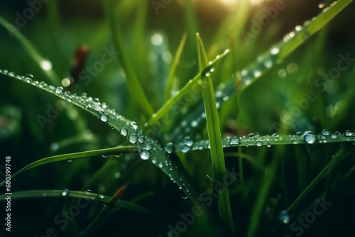 Morning Dew: A Close-up Illustration of Grass with Mountain Dew Drops. Ai generated