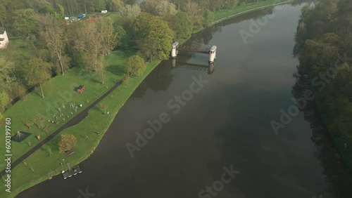 A breathtaking aerial view of the Elbe River with the abandoned lock building photo