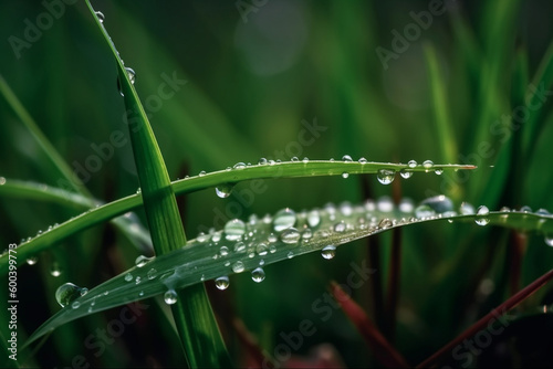 Morning Dew: A Close-up Illustration of Grass with Mountain Dew Drops. Ai generated © twindesigner