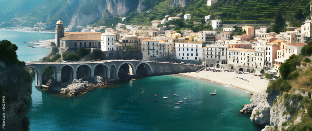 A landscape featuring the town of Atrani along the famous Amalfi Coast in Italy
