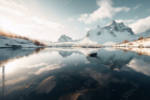 Frozen lake reflecting snow covered mountains. Generative AI