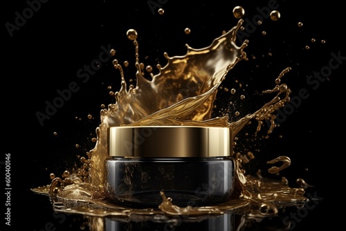 3D gold splash render, metallic jet, oil, beverage, abstract black background design element. Cosmetics luxury ingredients. Generative AI