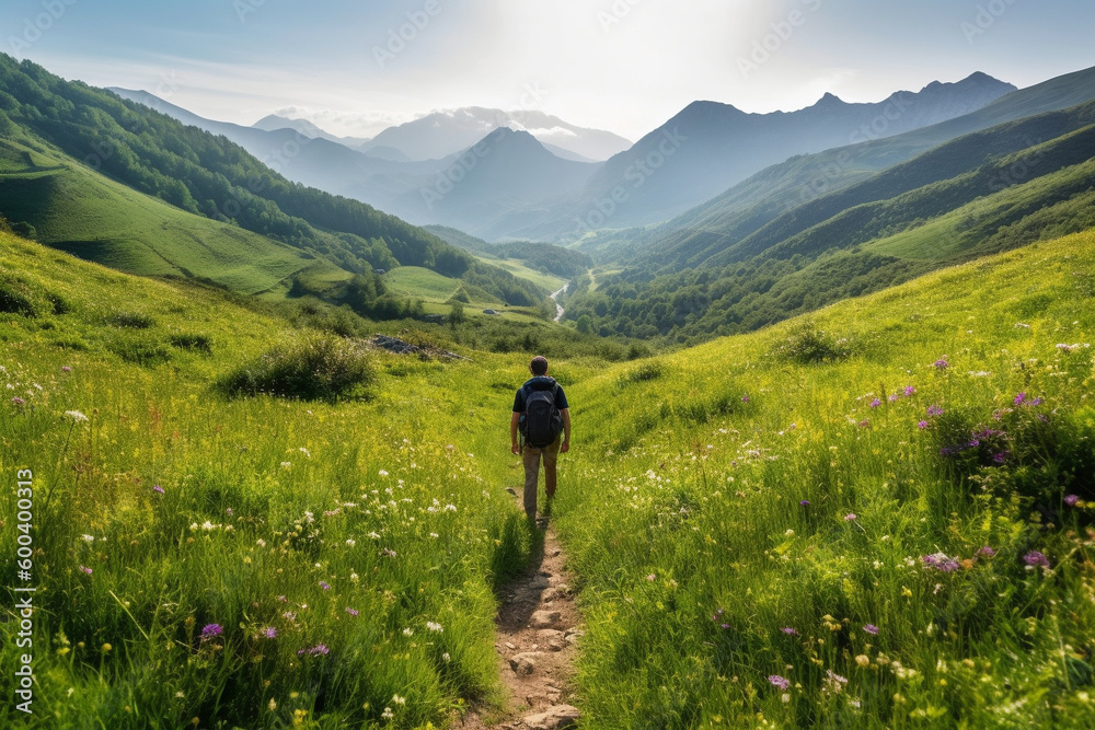Obraz premium Hiker walking on a green meadow trail against the backdrop of a breathtaking mountain landscape. The image conveys a sense of adventure and freedom. Ai generated