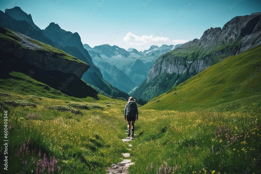Hiker walking on a green meadow trail against the backdrop of a breathtaking mountain landscape. The image conveys a sense of adventure and freedom. Ai generated