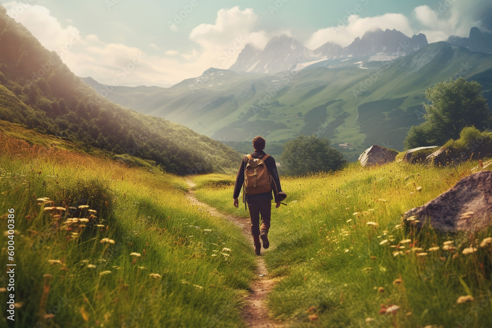 Obraz premium Hiker walking on a green meadow trail against the backdrop of a breathtaking mountain landscape. The image conveys a sense of adventure and freedom. Ai generated