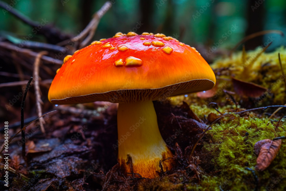 Fototapeta premium A Close-up Illustration of a Beautiful Mushroom in the Forest. Ai generated