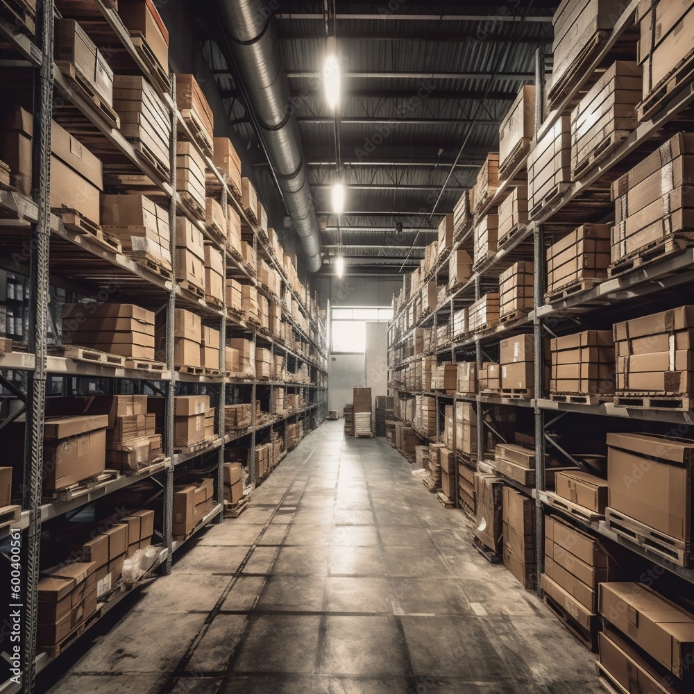 logistic warehouse storage box forklift distribution sun cargo transportation delivery. Generative AI.
