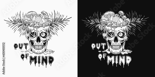 Label with human skull without top like cup, bowl, vase full of fantasy mushrooms. Crazy mad skull with single eye and growing through mushrooms, puddle of poisonous liquid. Vintage style.