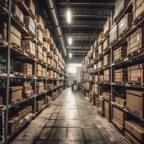 logistic warehouse storage box forklift distribution sun cargo transportation delivery. Generative AI.