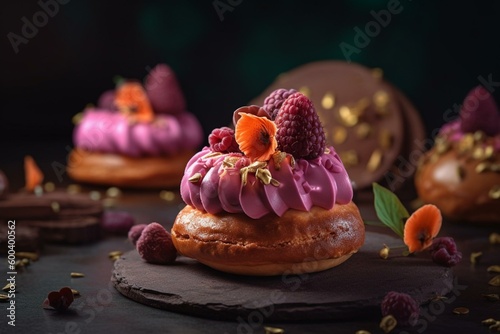 Colorful French pastry dessert with a sweet and delicious taste that comes in brown and pink colors for a tasty snack or treat backdrop. Generative AI