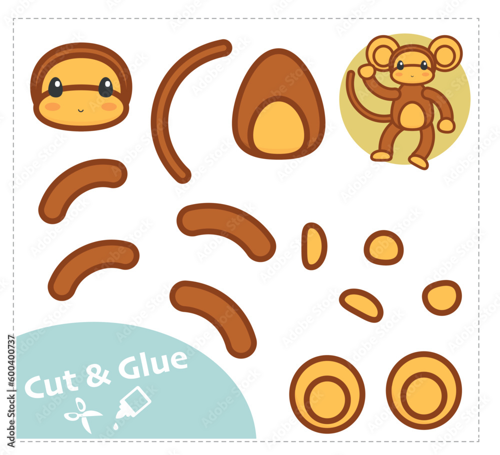Obraz premium Cut and Glue Worksheet. Education paper game. Monkey