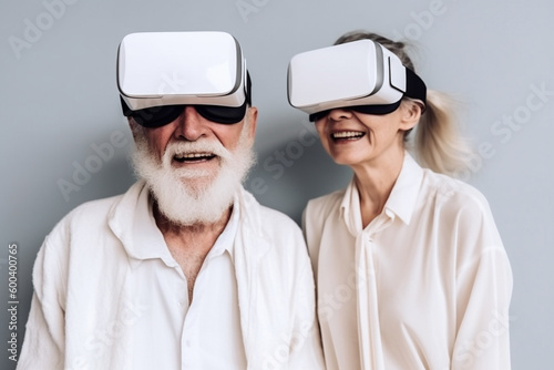 Virtual Reality Joy  An Illustration of an Elderly Couple Smiling and Enjoying a VR Experience. Ai generated
