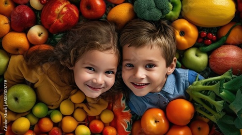 Attractive smiling kids among many healthy fruits and vegetables, proper nutrition healthy diet concept top view, anti aging lifestyle of happy children without eating disorder, generative AI photo