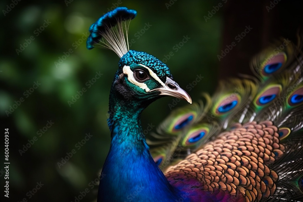 A detailed illustration of a peacock's head and its vibrant, colorful feathers in full display. Ai generated A detailed illustration of a peacock's head and its vibrant, colorful feathers in full display. Ai generated