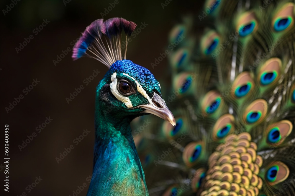 A detailed illustration of a peacock's head and its vibrant, colorful feathers in full display. Ai generated A detailed illustration of a peacock's head and its vibrant, colorful feathers in full display. Ai generated