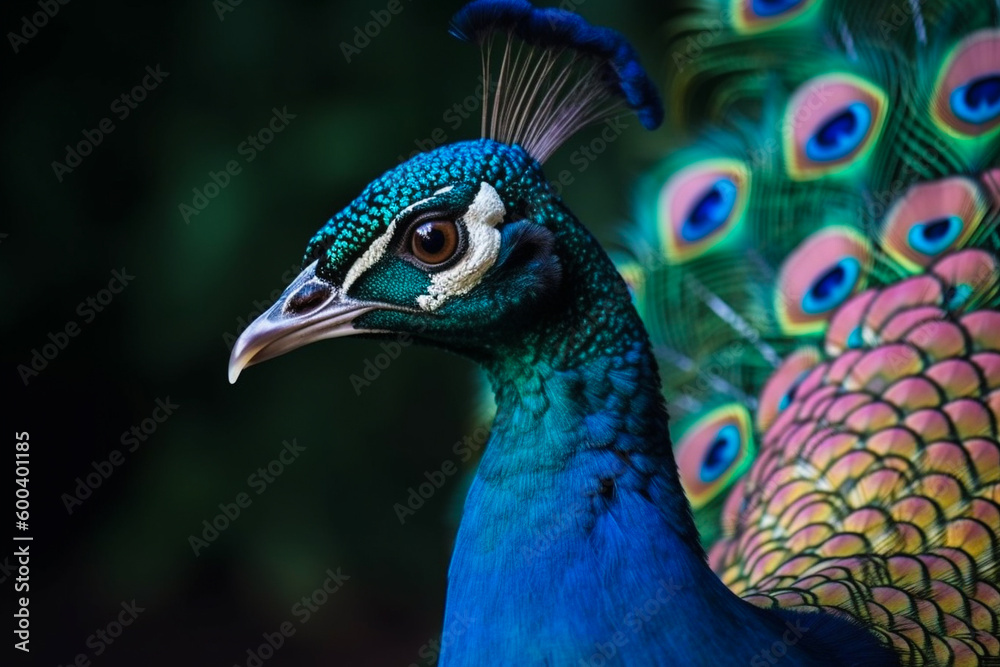 A detailed illustration of a peacock's head and its vibrant, colorful feathers in full display. Ai generated A detailed illustration of a peacock's head and its vibrant, colorful feathers in full display. Ai generated