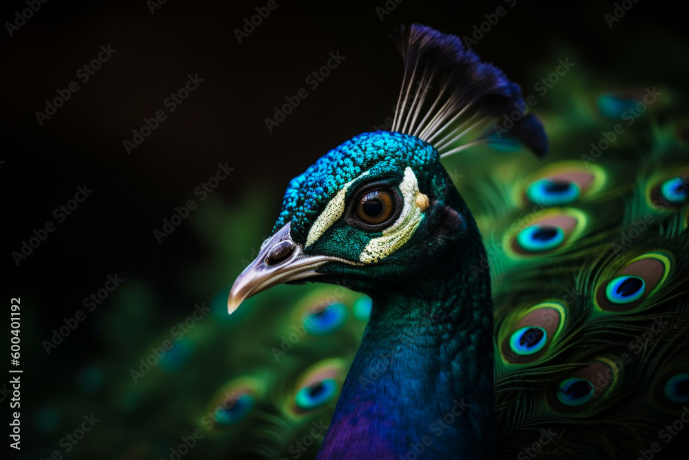 A detailed illustration of a peacock's head and its vibrant, colorful feathers in full display. Ai generated A detailed illustration of a peacock's head and its vibrant, colorful feathers in full display. Ai generated