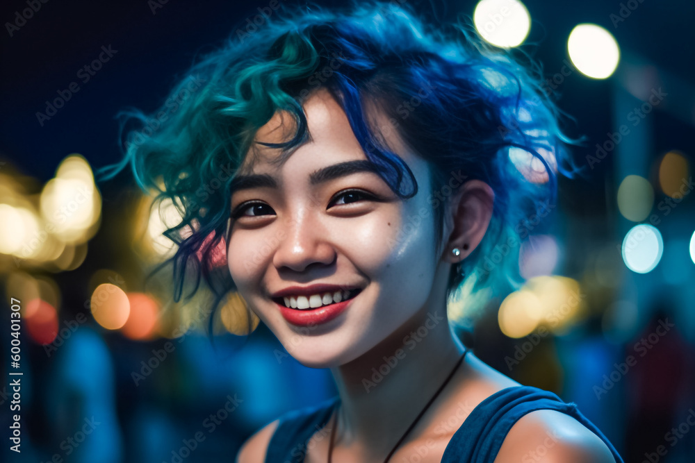 A young Asian woman poses in a swimsuit on a picturesque beach, ready for a photo shoot that captures her beauty and confidence at twilight time to night. generative AI.