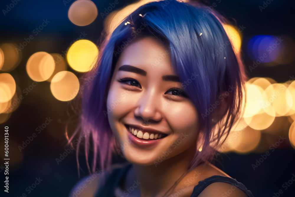 A young Asian woman poses in a swimsuit on a picturesque beach, ready for a photo shoot that captures her beauty and confidence at twilight time to night. generative AI.