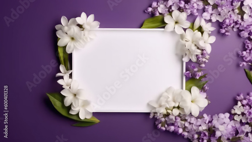 White purple pink spring flowers and leaf Border surrounding on a purple rustic Wooden Tabletop  Highlighting the Soft and Selective Elements of Flower Border Art. Generative ai