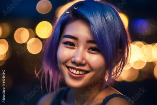 A young Asian woman poses in a swimsuit on a picturesque beach, ready for a photo shoot that captures her beauty and confidence at twilight time to night. generative AI.