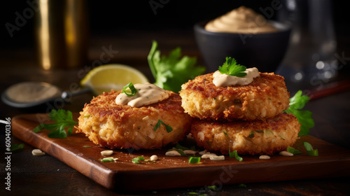 Crab Cakes - American fried patties made with crab meat and breadcrumbs. Generative AI Art Illustration