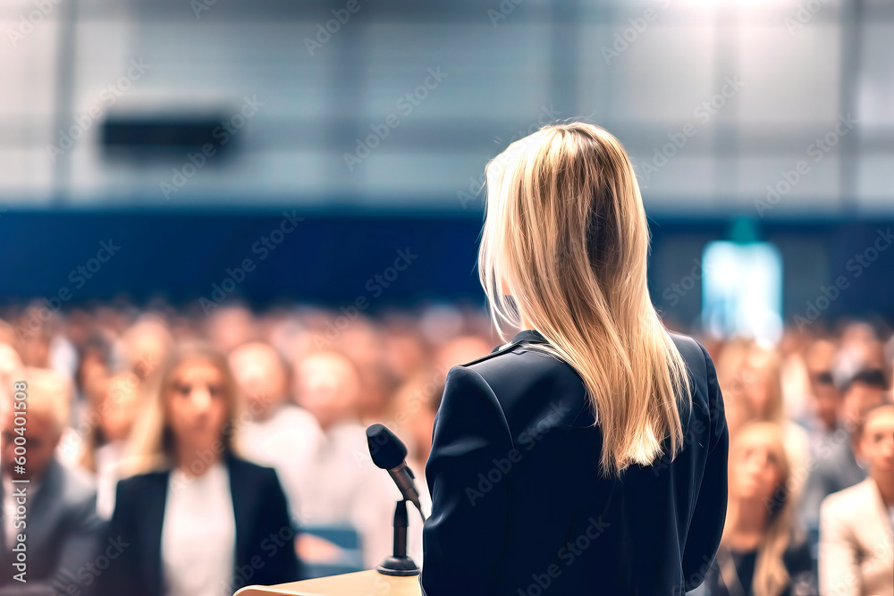 Rear view of a long-haired blond woman speaking from a lectern to a large crowd, made with generative ai - obrazy, fototapety, plakaty 