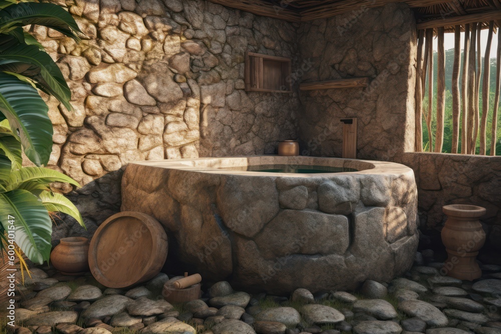 Luxurious Nature-Inspired Bathroom with Natural Light and Stunning Rock Walls.. Luxurious Nature-Inspired Bathroom with Natural Light and Stunning Rock Walls..