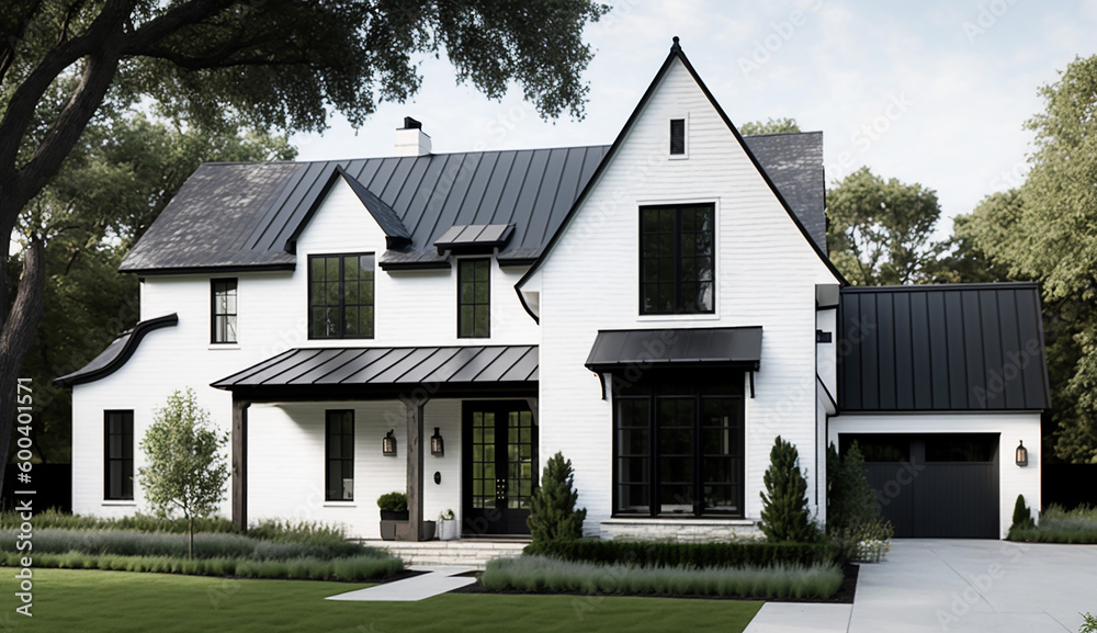 A brand new, white contemporary farmhouse with a dark shingled roof and black windows is seen in OAK PARK, IL, USA, on August 17, 2020. A rock siding lines the left side of the home A brand new, white contemporary farmhouse with a dark shingled roof and black windows is seen in OAK PARK, IL, USA, on August 17, 2020. A rock siding lines the left side of the home