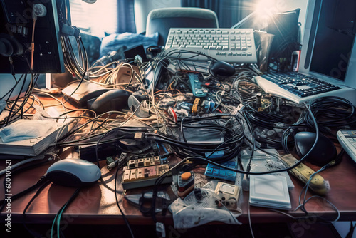 Chaotic untidy table with technical spare parts, cables, connections, keyboards, computer mice and electronic waste, made with generative ai photo