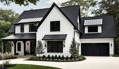 A brand new, white contemporary farmhouse with a dark shingled roof and black windows is seen in OAK PARK, IL, USA, on August 17, 2020. A rock siding lines the left side of the home