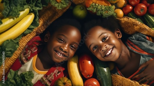 Attractive smiling black kids among many healthy fruits and vegetables  proper nutrition healthy diet concept top view  anti aging lifestyle of happy children without eating disorder  generative AI