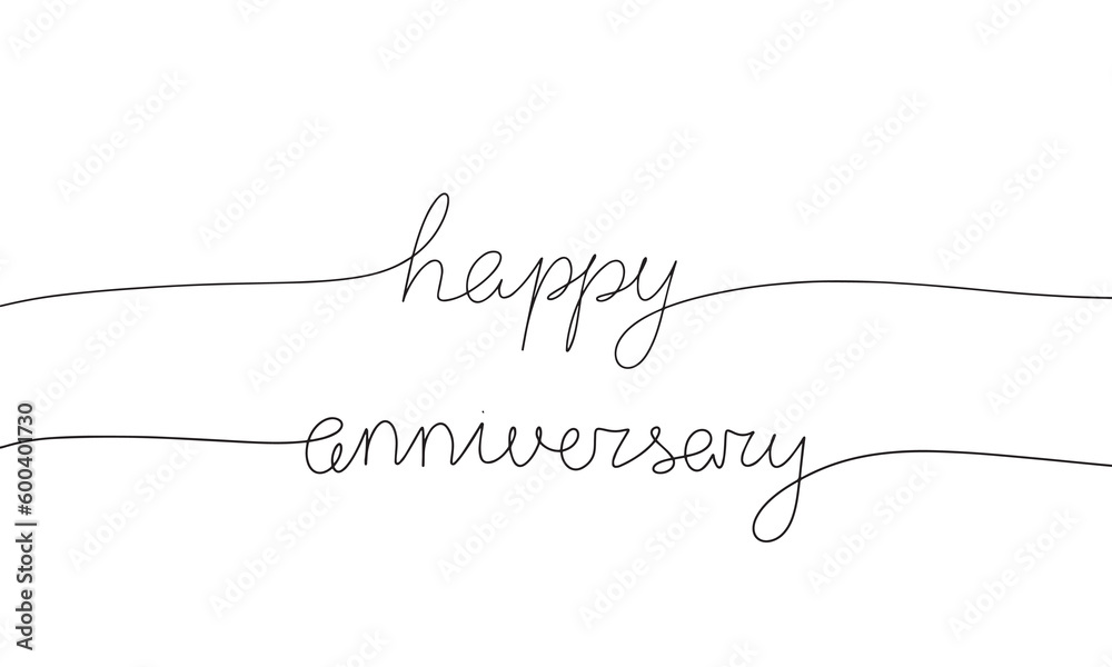 One line continuous phrase happy anniversary.  Line art handwriting. Isolated on white background. Vector illustration.