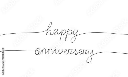 One line continuous phrase happy anniversary.  Line art handwriting. Isolated on white background. Vector illustration.
