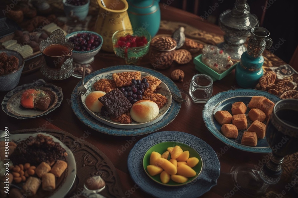 Friendly Ramadan celebration with food and coffee. Generative AI