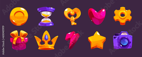 Cartoon game interface icon with crown and key. Vector gold element set with star, heart, prize and hourglass illustration kit. Settings and camera props symbol collection for mobile magic rpg app