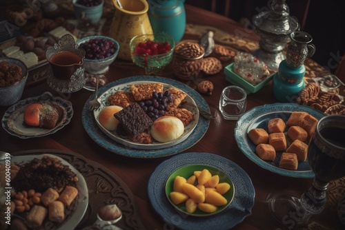 Friendly Ramadan celebration with food and coffee. Generative AI