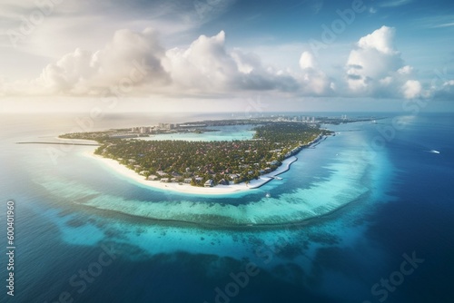 Panoramic view of Maldives resort town and sea. Generative AI