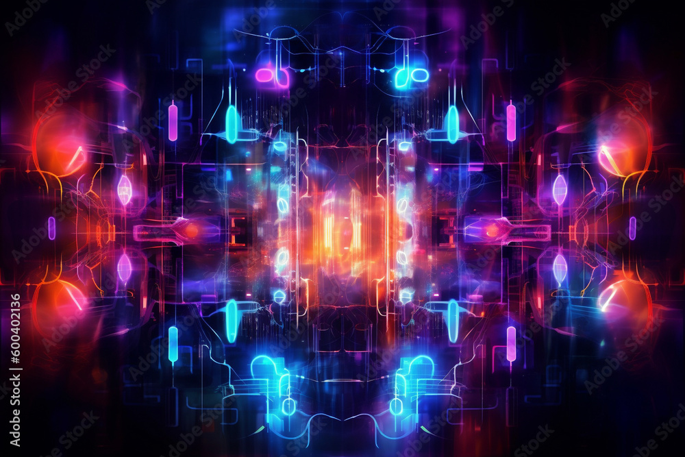 Fototapeta premium Futuristic tech background with glowing bioluminescent elements, circuitry, and microchips. Ai generated