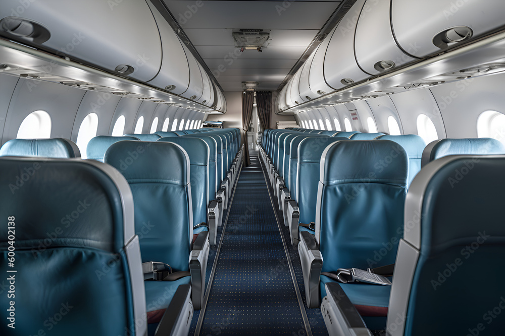 Fototapeta premium Interior of an empty modern airplane cabin in blue color, Generative AI 1